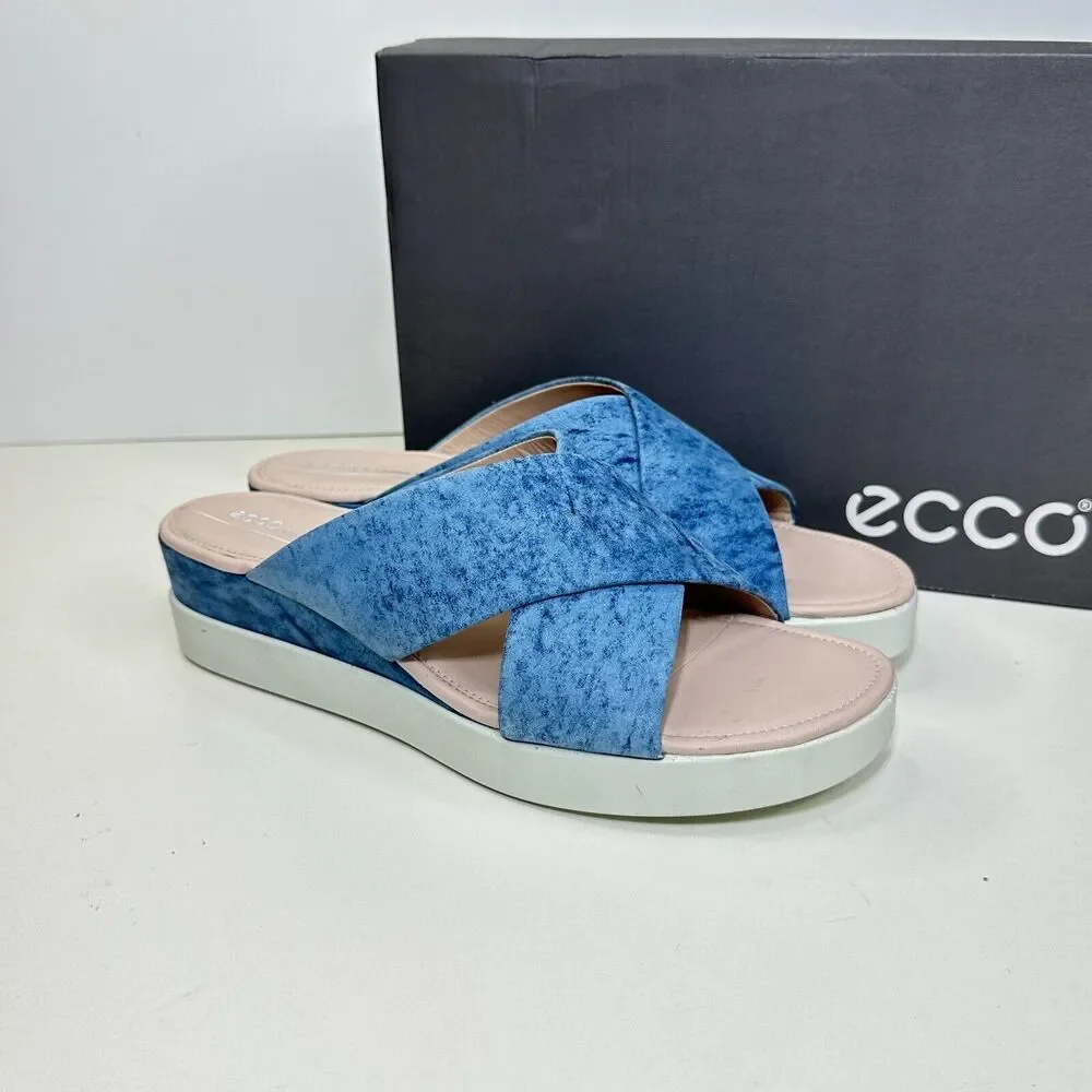 Ecco Touch Plateau Slide Leather Slip On Sandals Blue Women EU41/10-10.5 NWB